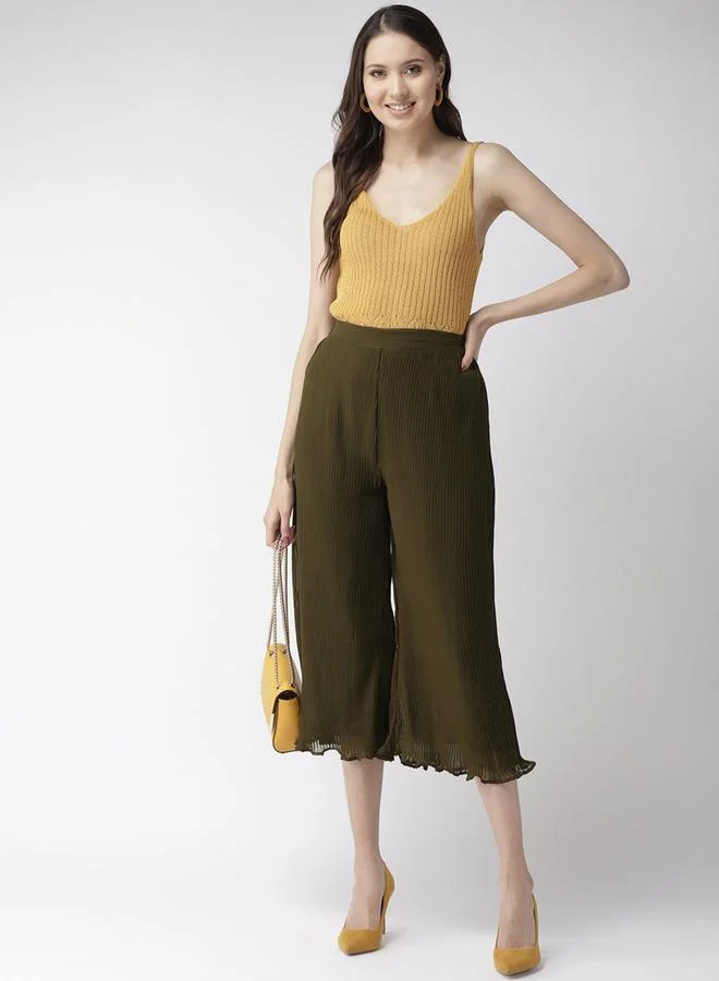 Mish  Women Olive Green Pleated Flared Trousers for Women | Best Price UAE